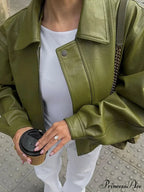 Green Single Breasted Leather Coat