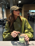 Green Single Breasted Leather Coat