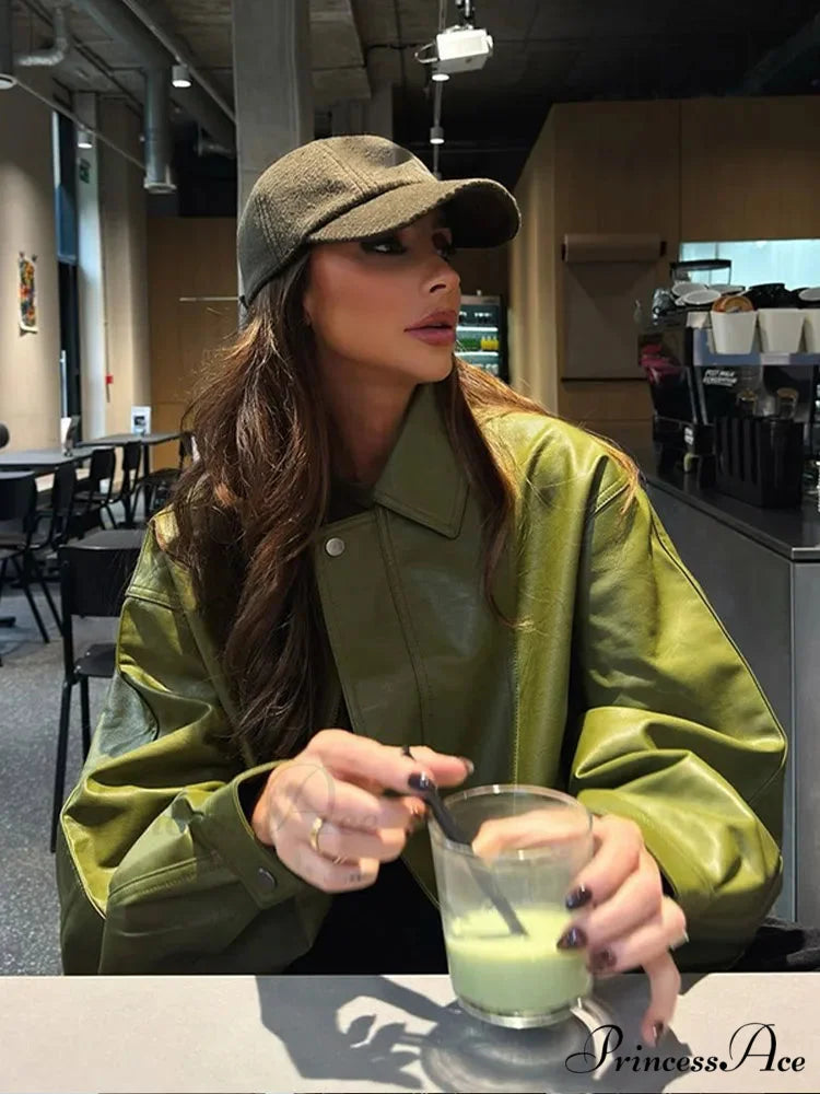 Green Single Breasted Leather Coat