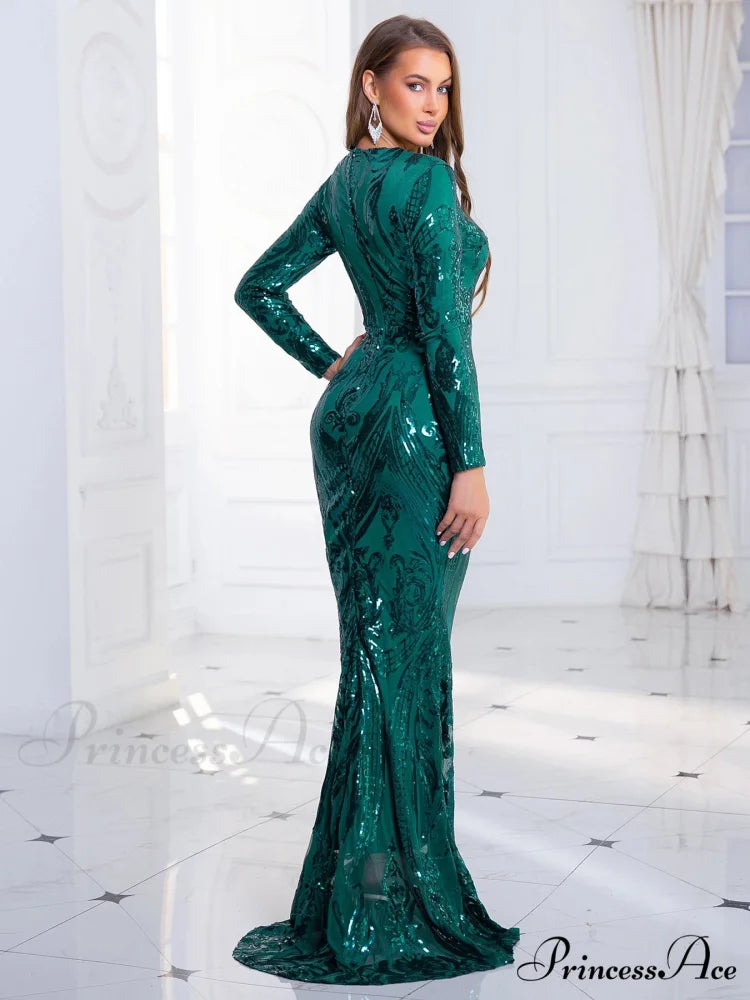 Green Stretch Sequin Long Sleeve Evening Night Prom Dress Bodycon Christmas Party Dress