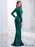 Green Stretch Sequin Long Sleeve Evening Night Prom Dress Bodycon Christmas Party Dress