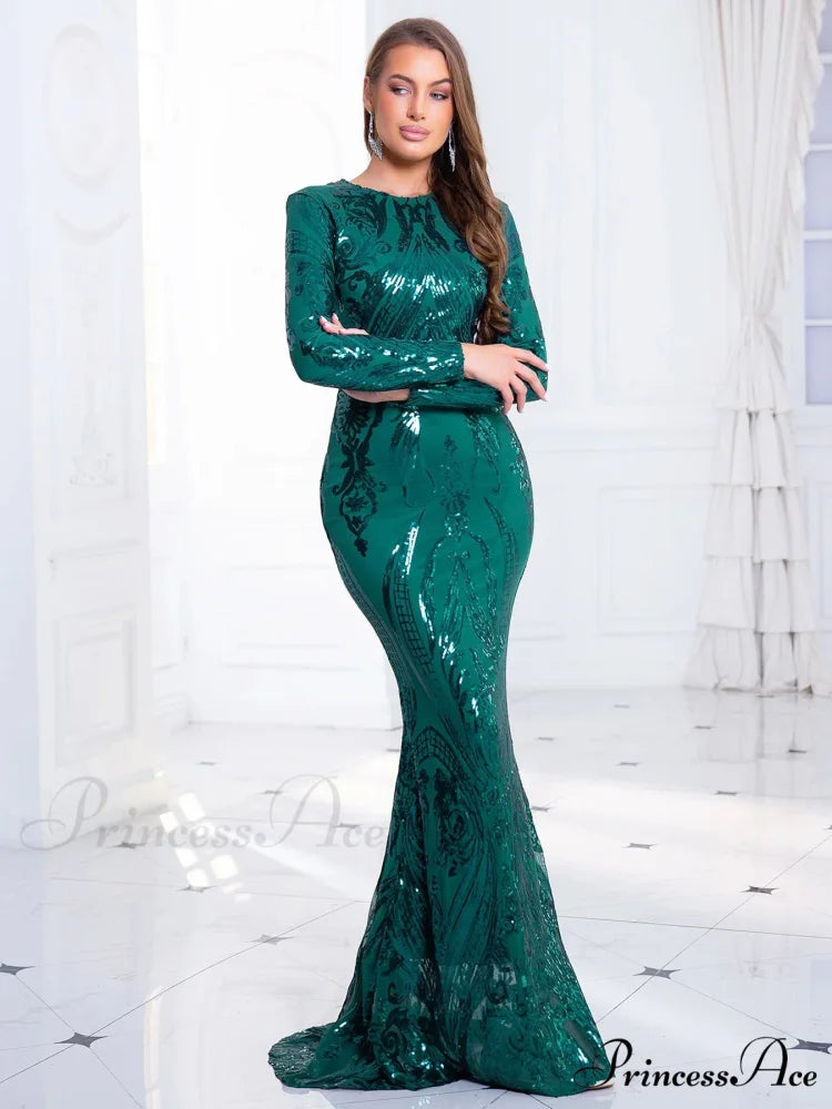 Green Stretch Sequin Long Sleeve Evening Night Prom Dress Bodycon Christmas Party Dress
