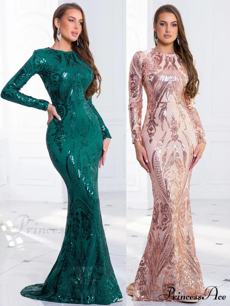 Green Stretch Sequin Long Sleeve Evening Night Prom Dress Bodycon Christmas Party Dress