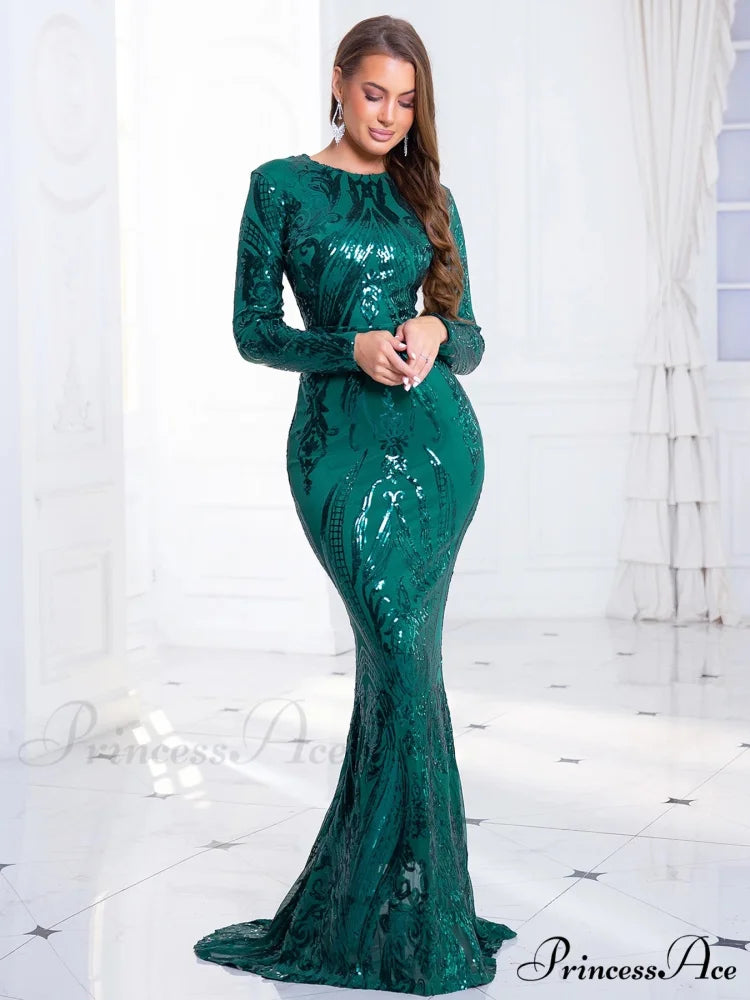 Green Stretch Sequin Long Sleeve Evening Night Prom Dress Bodycon Christmas Party Dress