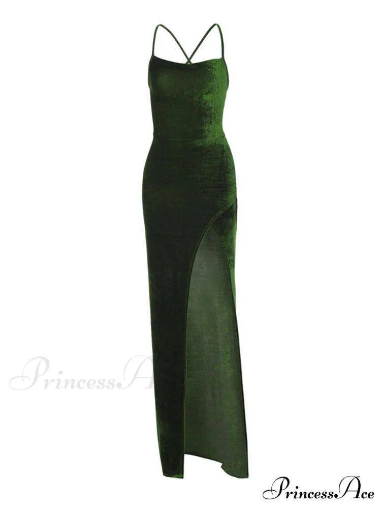 Green Velvet Lace-Up Maxi Dress - Backless Bodycon Christmas Party Dress