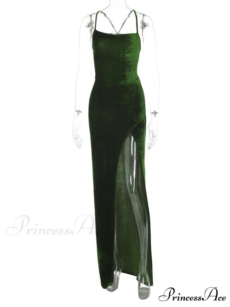 Green Velvet Lace-Up Maxi Dress - Backless Bodycon Christmas Party Dress