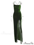 Green Velvet Lace-Up Maxi Dress - Backless Bodycon Christmas Party Dress