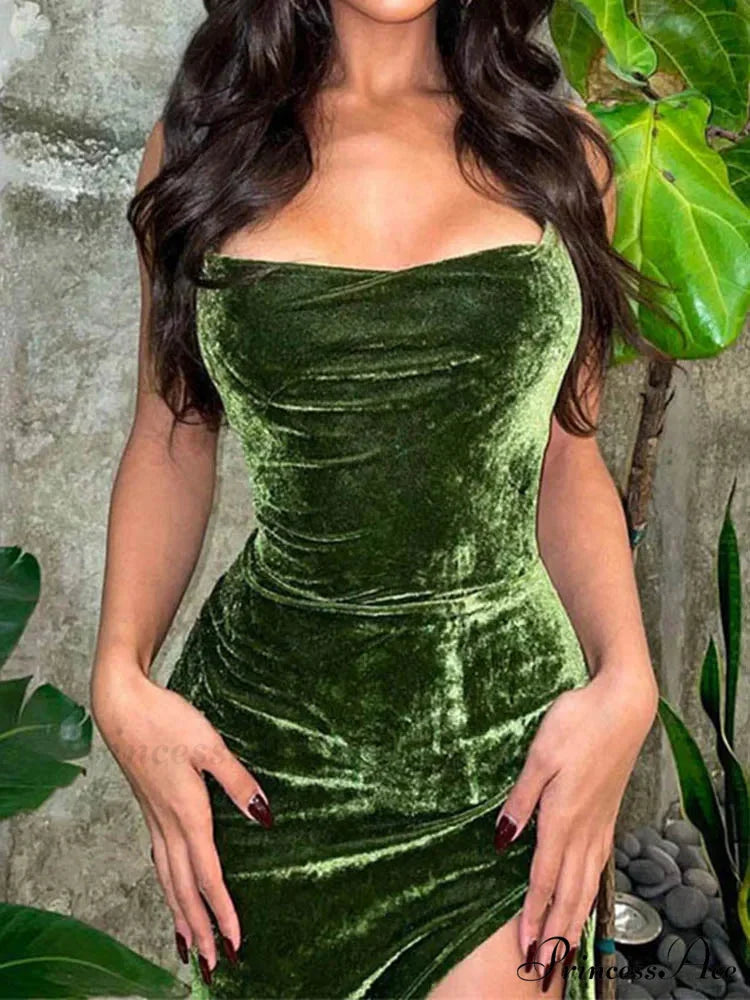 Green Velvet Lace-Up Maxi Dress - Backless Bodycon Christmas Party Dress