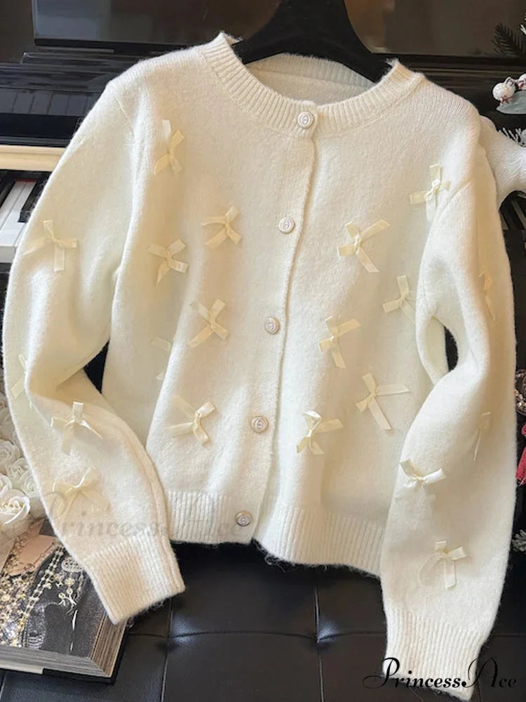 Grey Bow O-neck Cardigan