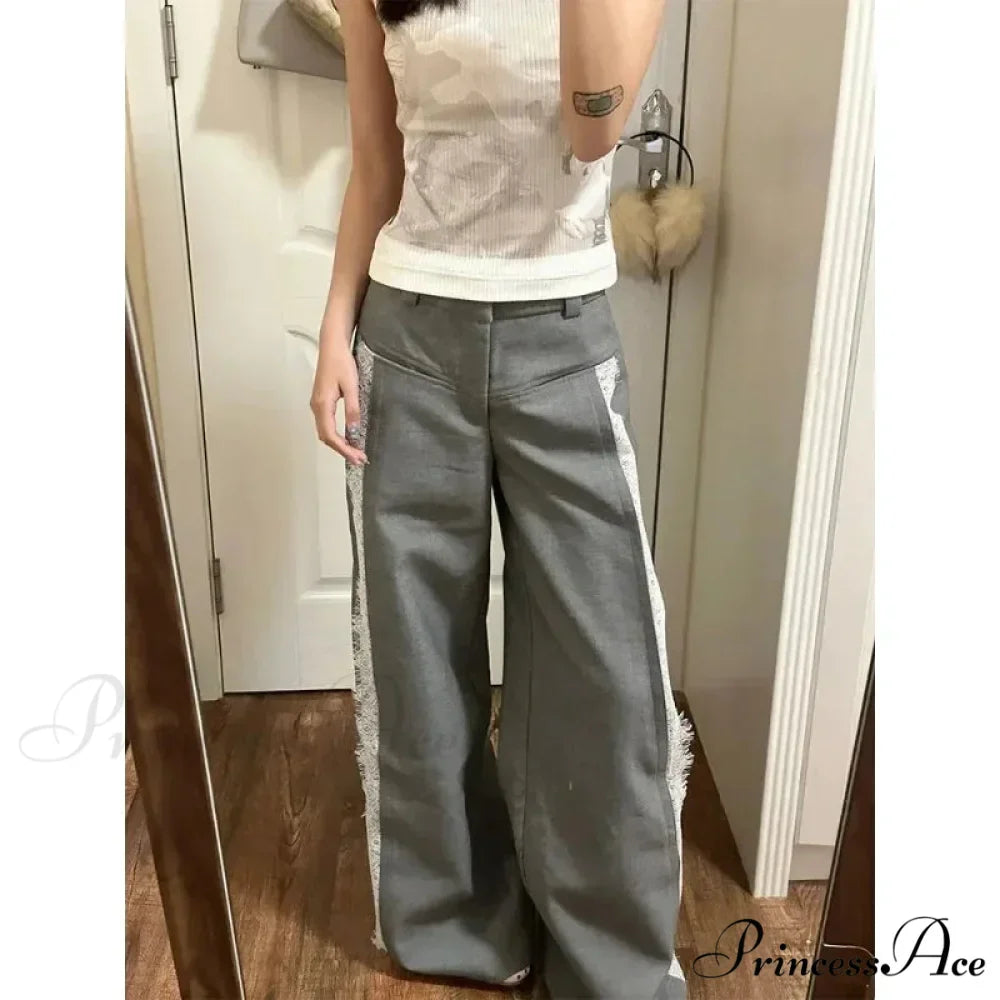 Grey Lace 2000s Women Suit Wide Leg Trousers