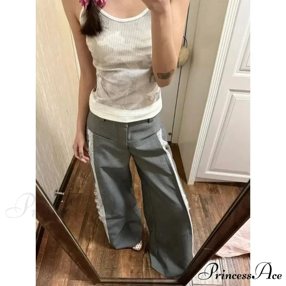 Grey Lace 2000s Women Suit Wide Leg Trousers