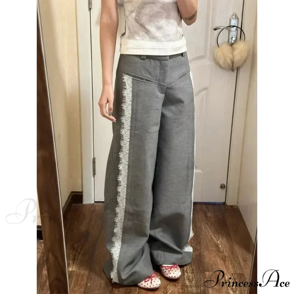 Grey Lace 2000s Women Suit Wide Leg Trousers