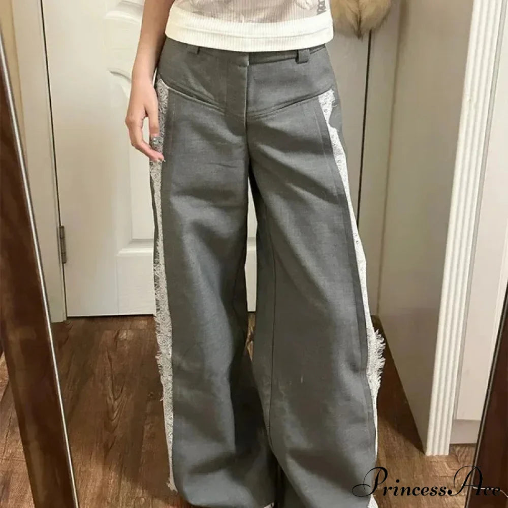 Grey Lace 2000s Women Suit Wide Leg Trousers