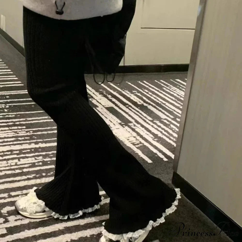 Grey Lace Flounce Women Informal Knit Trousers