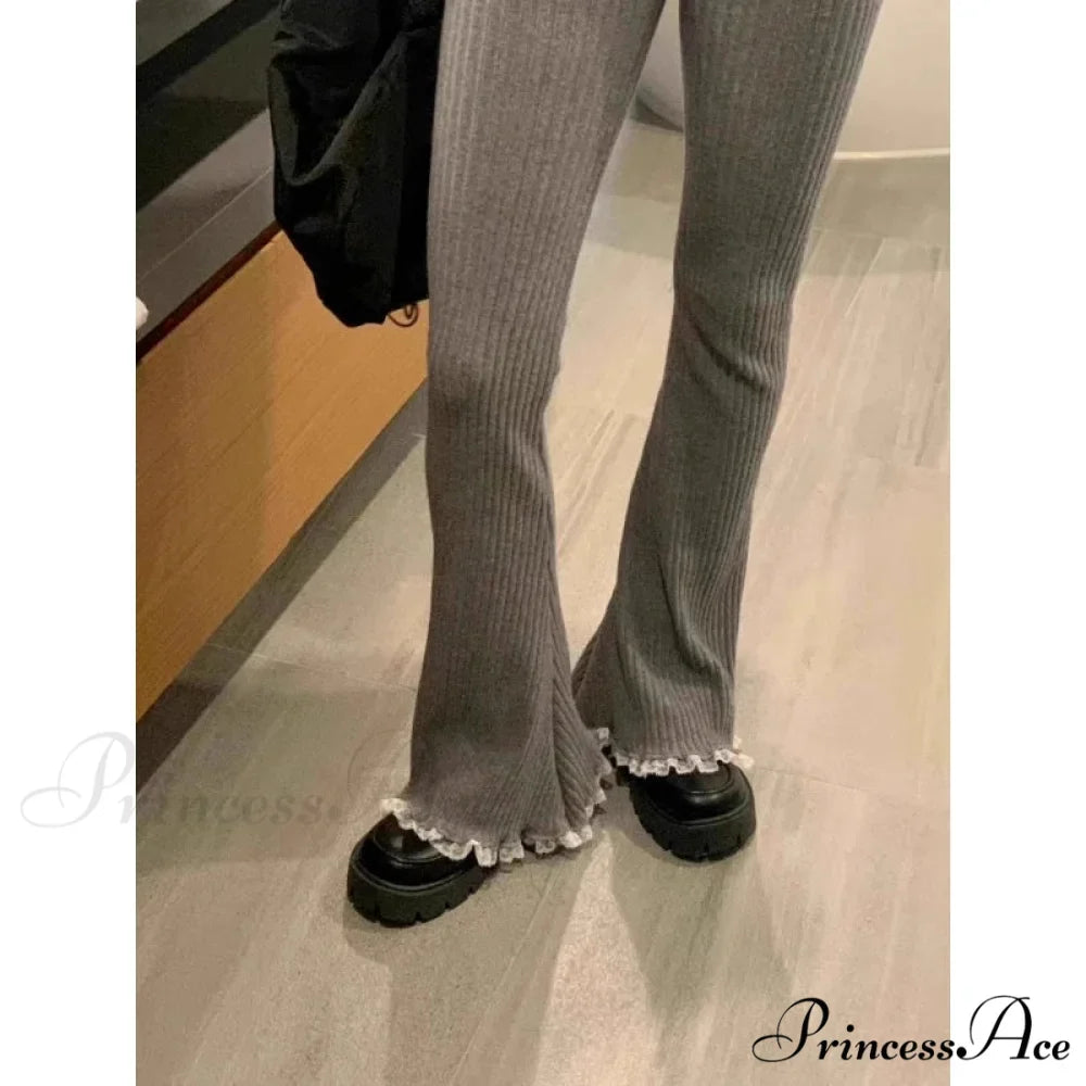 Grey Lace Flounce Women Informal Knit Trousers