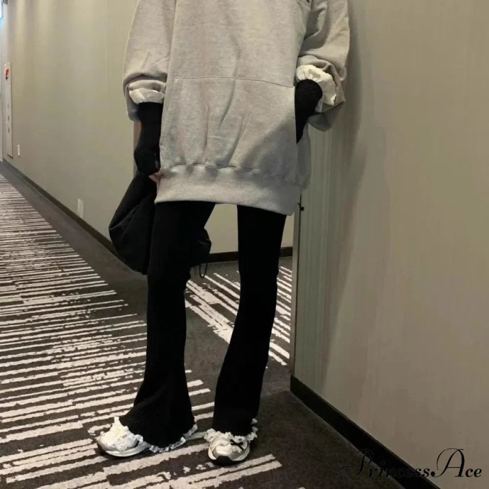 Grey Lace Flounce Women Informal Knit Trousers