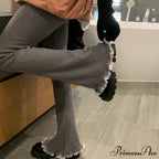Grey Lace Flounce Women Informal Knit Trousers