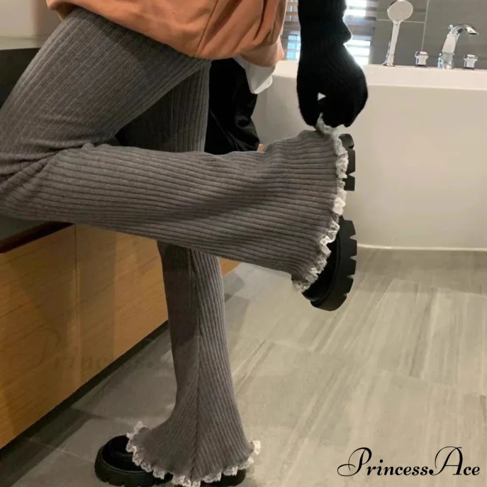 Grey Lace Flounce Women Informal Knit Trousers