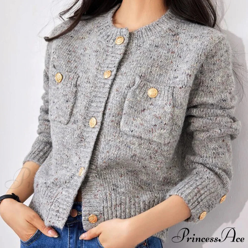 Grey Sophisticated Round-neck Button Cardigan
