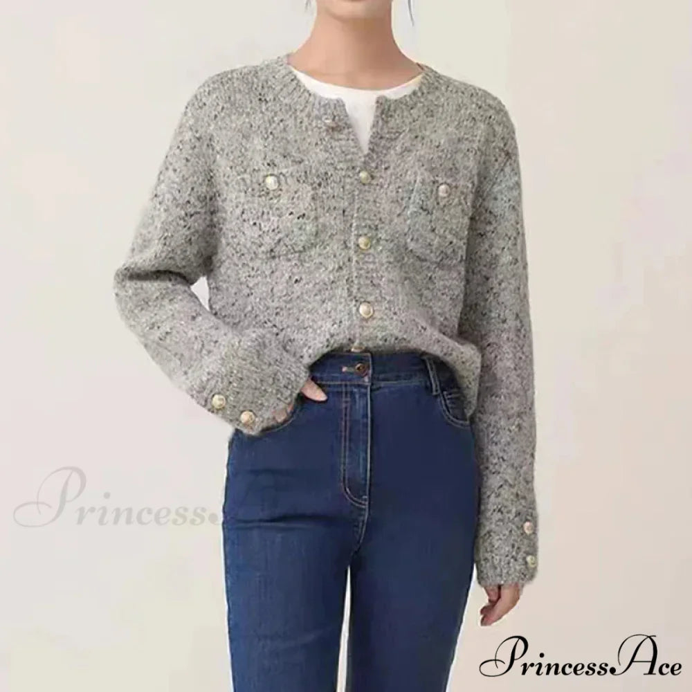 Grey Sophisticated Round-neck Button Cardigan