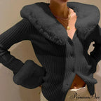 Grooved Furry Border Sleek Knitted Cardigan