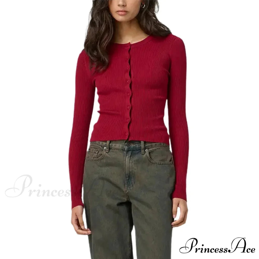 Grooved Slender Button-Up Extended Sleeve Cardigan