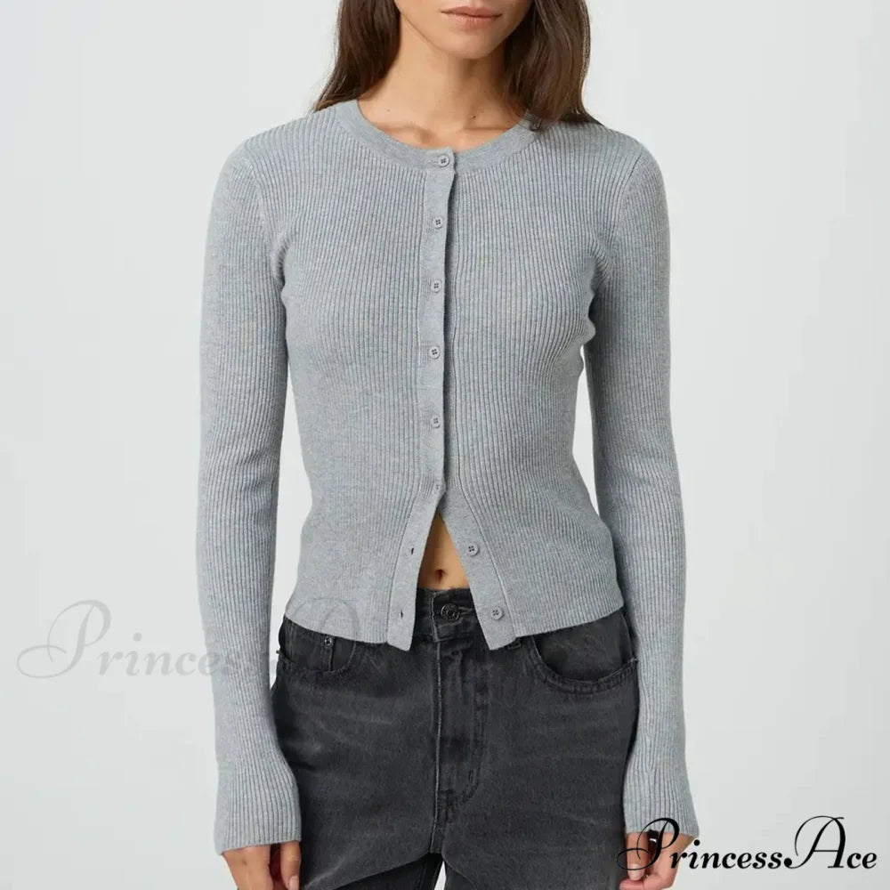 Grooved Slender Button-Up Extended Sleeve Cardigan