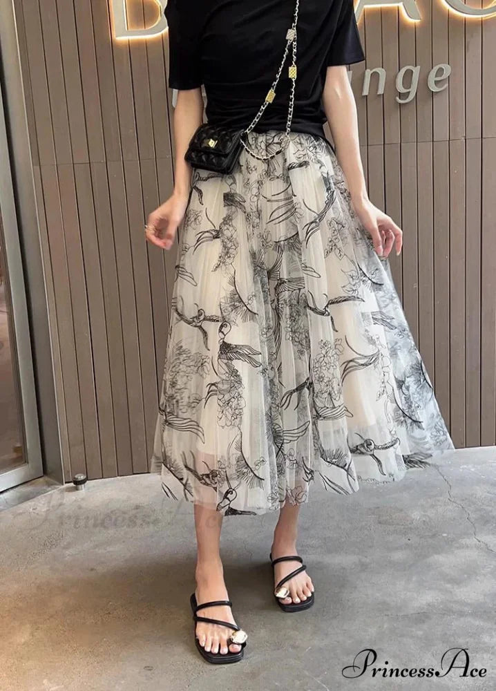 Grouping Blossom Bird Mesh Elastic Waist Midi Skirt