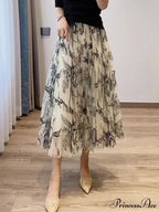 Grouping Blossom Bird Mesh Elastic Waist Midi Skirt