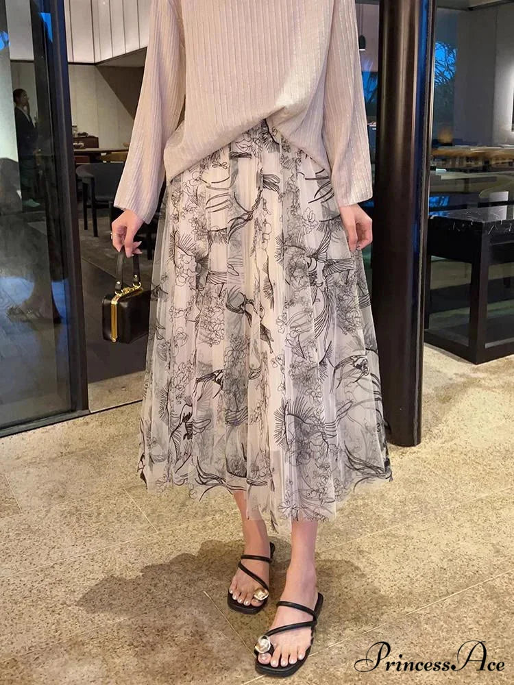Grouping Blossom Bird Mesh Elastic Waist Midi Skirt