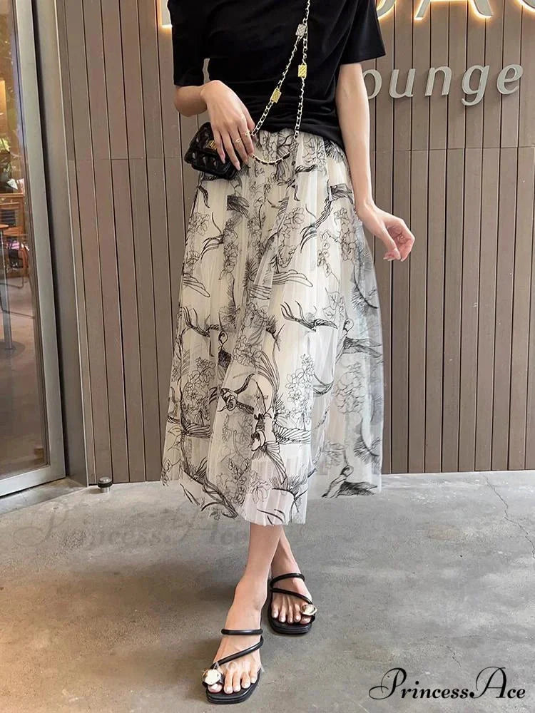 Grouping Blossom Bird Mesh Elastic Waist Midi Skirt