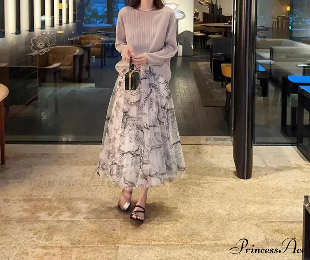 Grouping Blossom Bird Mesh Elastic Waist Midi Skirt