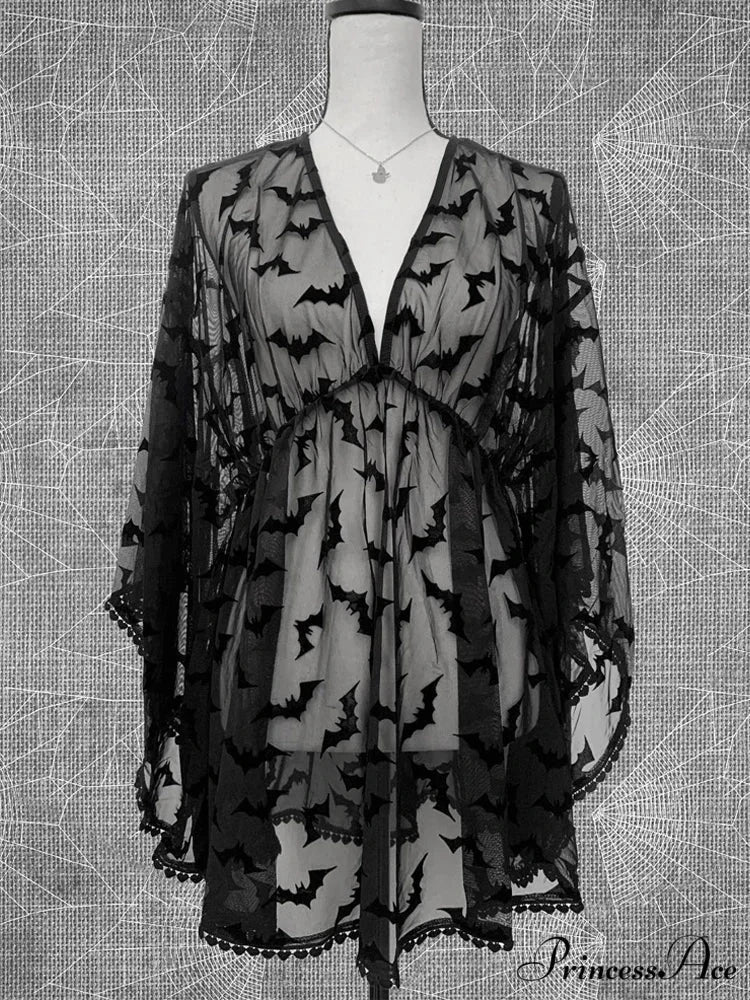 Grunge Aesthetic See Through Black Goth Lace E-Girls Chiffon Graphic Bat Night Club Dress