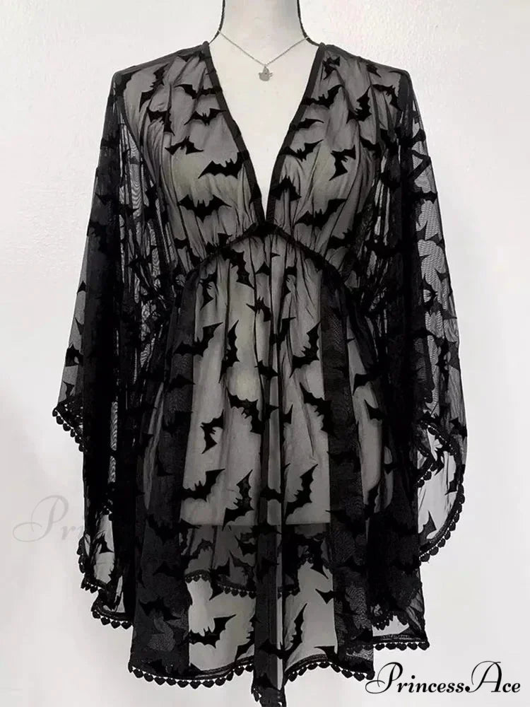 Grunge Aesthetic See Through Black Goth Lace E-Girls Chiffon Graphic Bat Night Club Dress