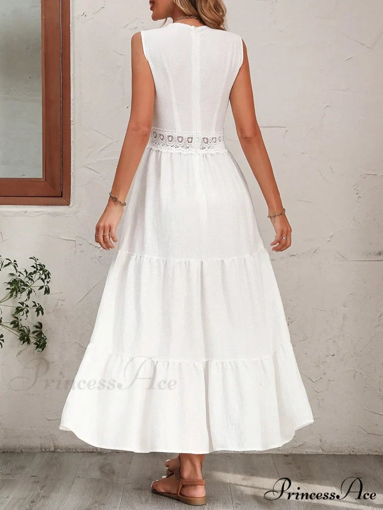 Guipure Lace Insert Ruffle Hem Dress