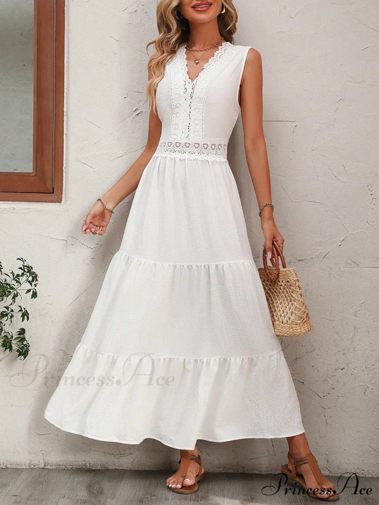 Guipure Lace Insert Ruffle Hem Dress