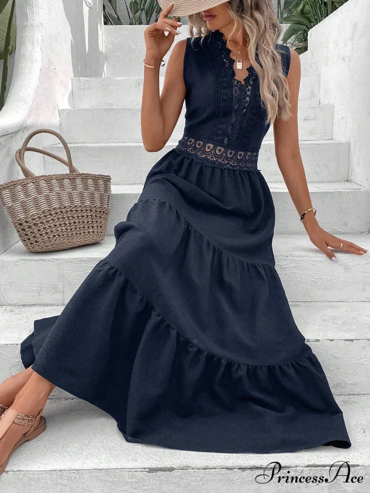 Guipure Lace Insert Ruffle Hem Dress