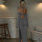 Halter Backless es Elegant Sleeve Club Party Split es Clothes Maxi Dress