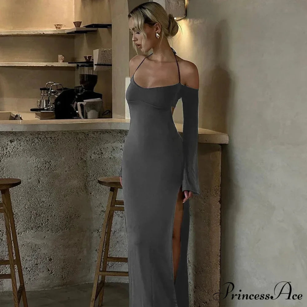 Halter Backless es Elegant Sleeve Club Party Split es Clothes Maxi Dress