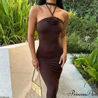 Halter Backless Floral Applique Fashion Gown Midi Dress