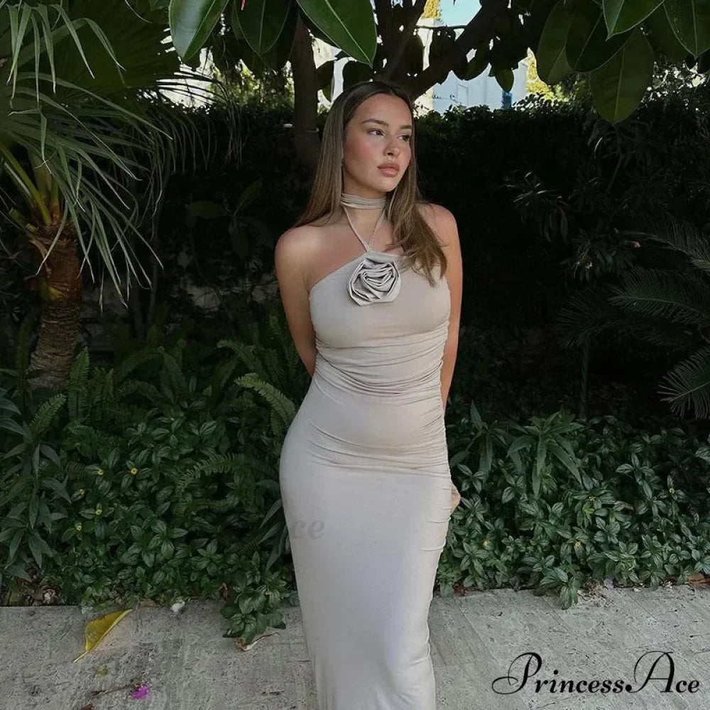 Halter Backless Floral Applique Fashion Gown Midi Dress