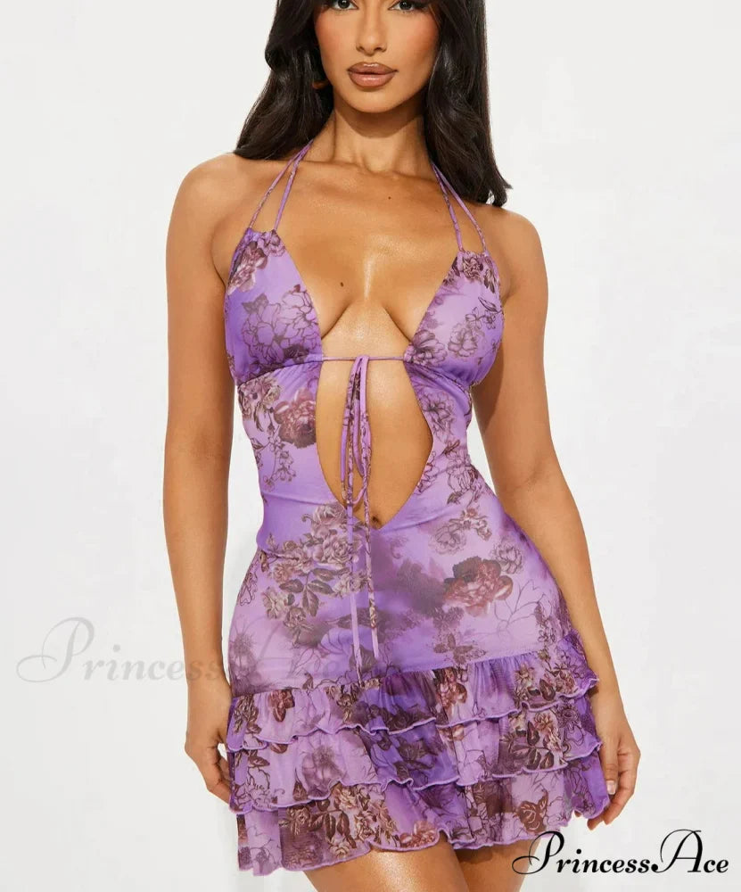 Halter Lace-Up Frilled Mini Dress