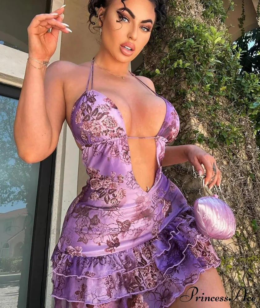 Halter Lace-Up Frilled Mini Dress