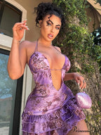 Halter Lace-Up Frilled Mini Dress