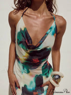 Halter Neck Tie Resort Graceful Style Print Mixi Dress