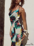 Halter Neck Tie Resort Graceful Style Print Mixi Dress