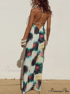 Halter Neck Tie Resort Graceful Style Print Mixi Dress