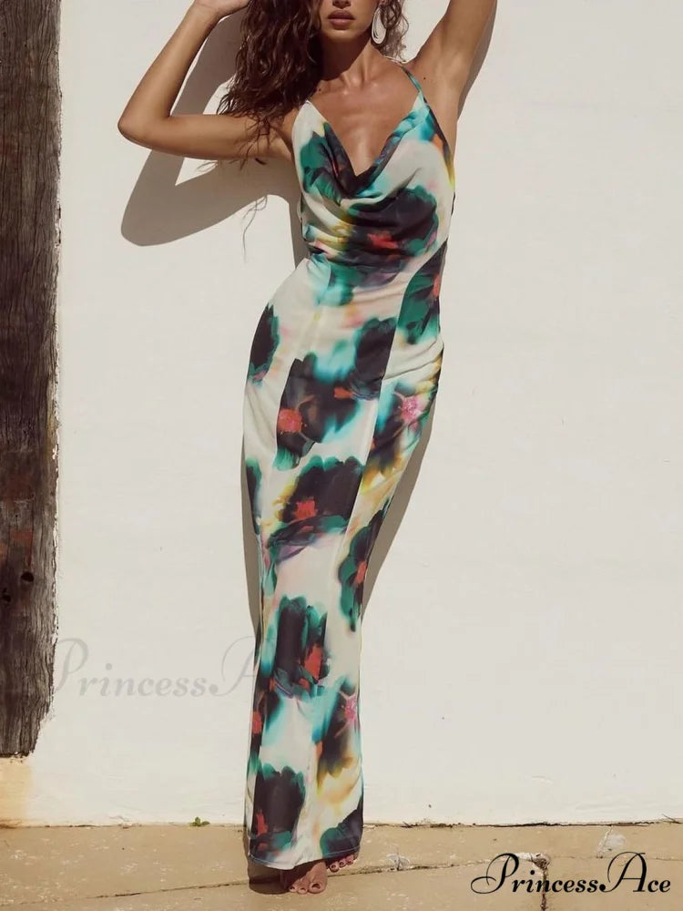 Halter Neck Tie Resort Graceful Style Print Mixi Dress