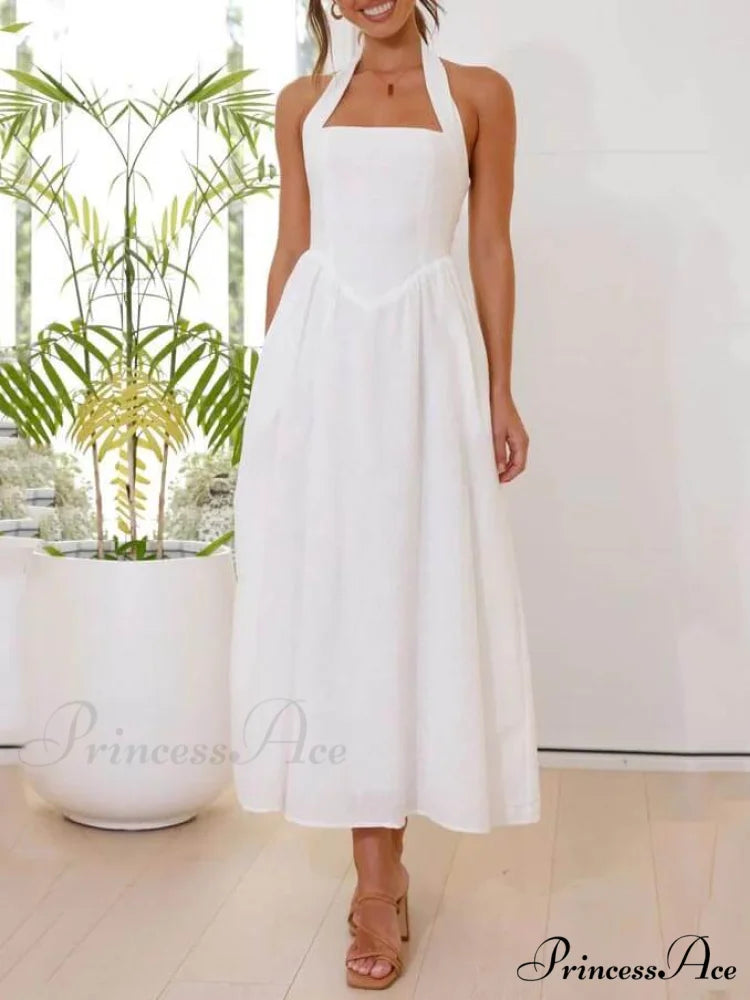 Halter Neck Waist Little Graceful Black Dress Mid Length Dress