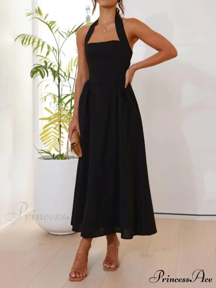 Halter Neck Waist Little Graceful Black Dress Mid Length Dress